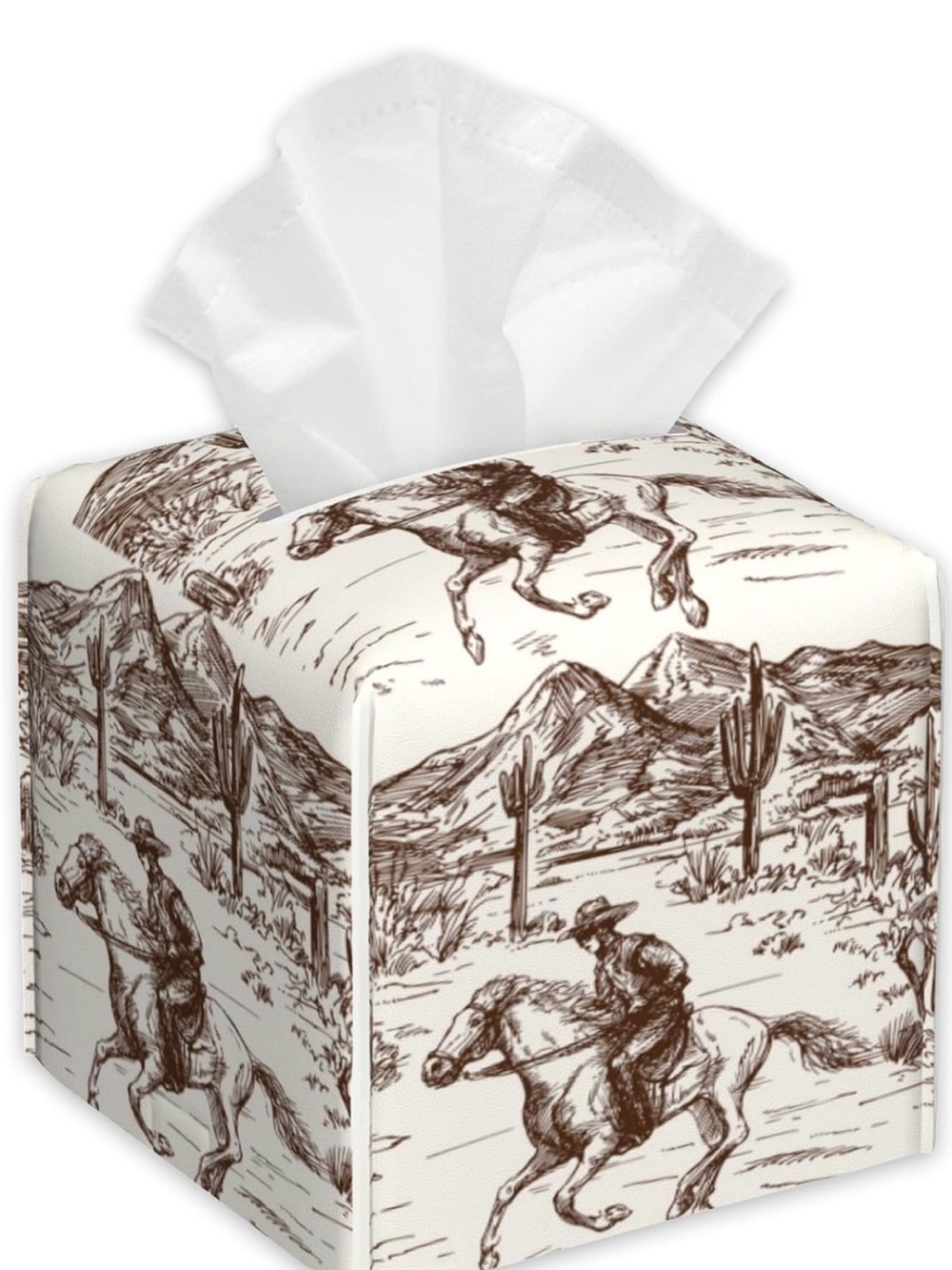 Western Print Tissue Box Cover Faux Leather Brown and Cream NWOT